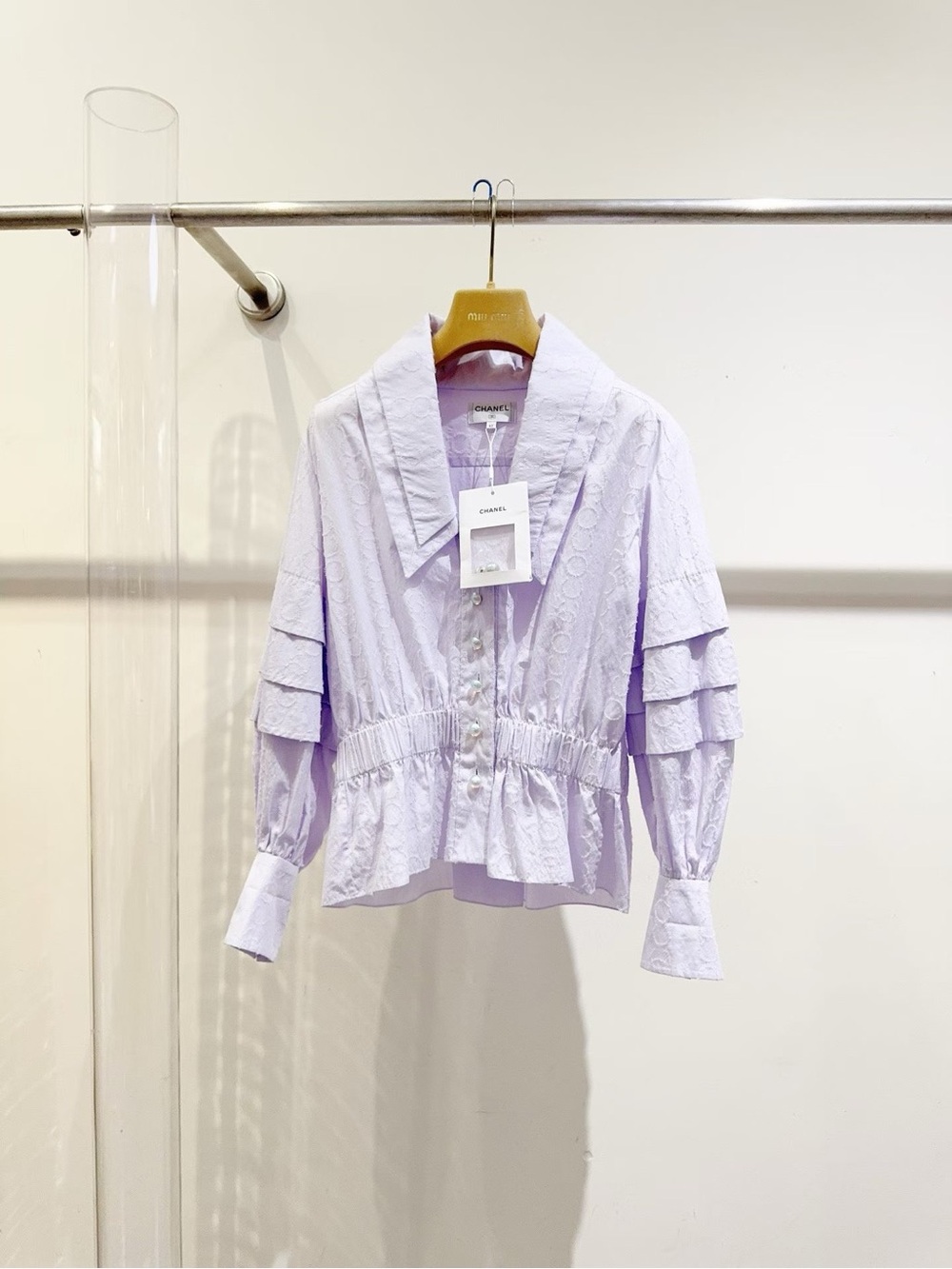 CHANEL Lavender Lace Button-Front Blouse with Tiered Sleeves